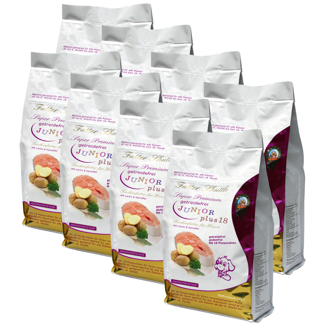 Getreidefreies Welpen- & Junior Trockenfutter Plus 18 – XXL Sparpaket 24 kg (8 x 3 kg)