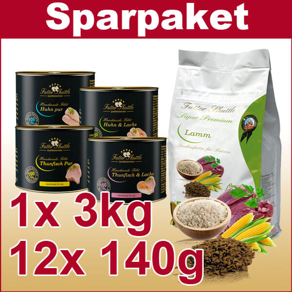 Katzenfutter Angebot | Das Perfekte Duo | Handmade Filet und Trockenfutter für mehr hochwertige Abwechslung | 3kg Lamm + 12 Dosen a 140g Filet gemischt