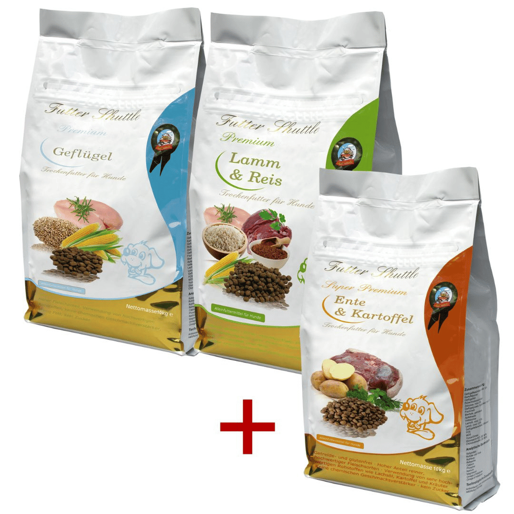 Hundefutter Trockenfutter Sparpaket Premium – Geflügel & Lamm-Reis Sensitiv + Ente & Kartoffel GRATIS – 70 kg
