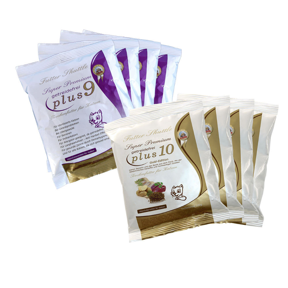 Probierpaket Getreidefreies Katzenfutter Trockenfutter. Getreidefreies Trockenfutter Plus 9 und Getreidefreies Katzen Trockenfutter Plus 10 in höchster Qualität.