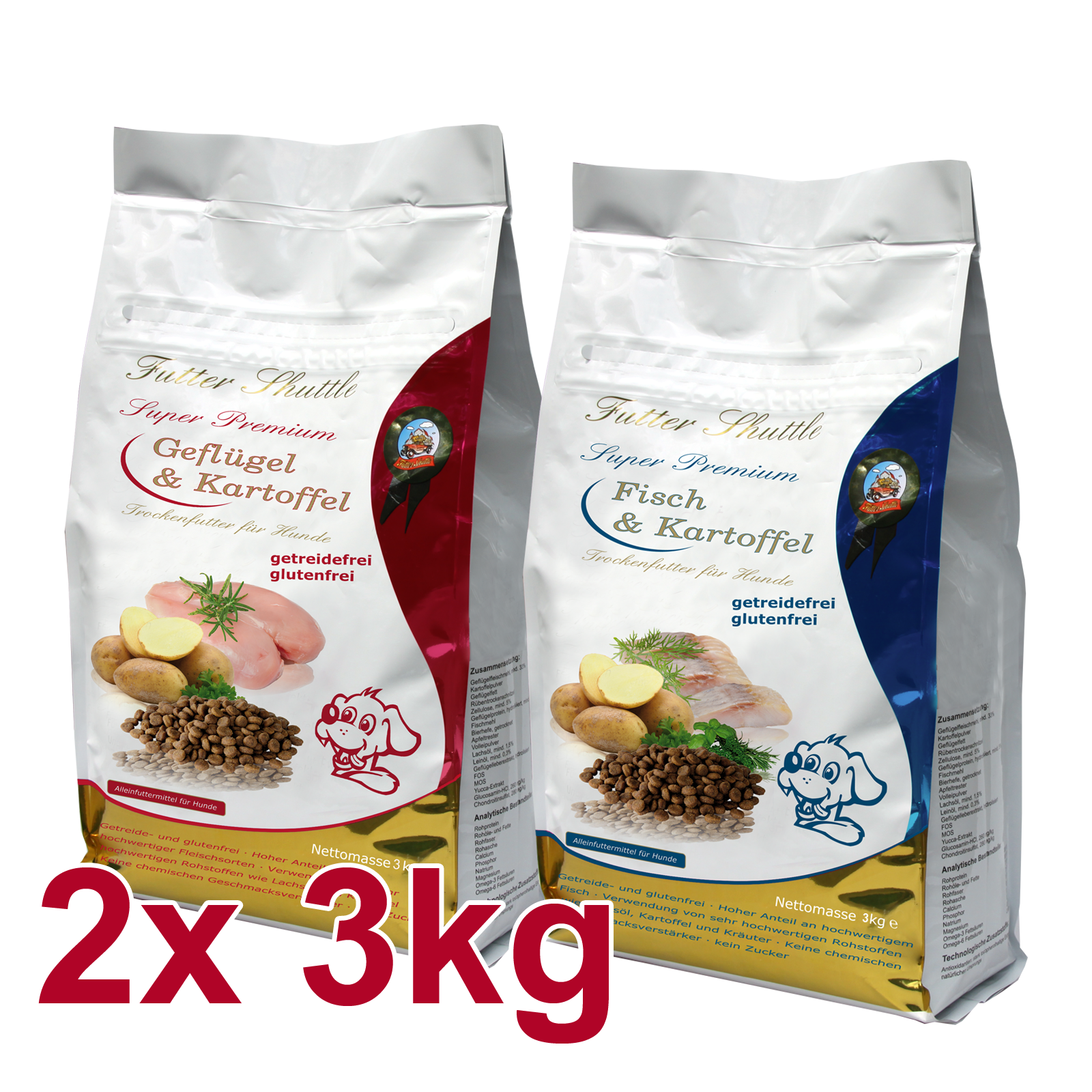 Getreidefreies Super Premium Trockenfutter für Hunde in Spitzenqualität und als Sparpaket. Mit 3kg Geflügel sowie 3 kg Fisch und der bekömmlichen Kartoffel