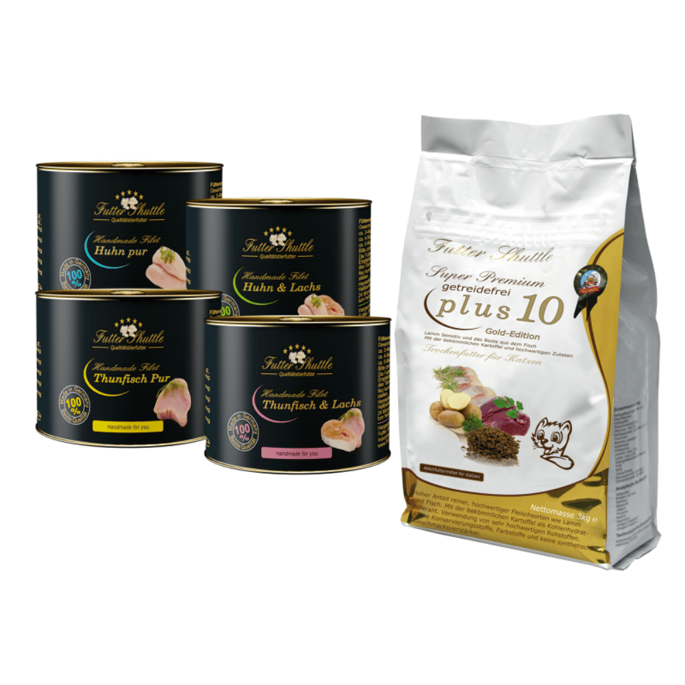 Katzenfutter Sparpaket getreidefrei Plus 10 – Katzentrockenfutter 3 kg & Hand Made Filet Nassfutter 12×140 g