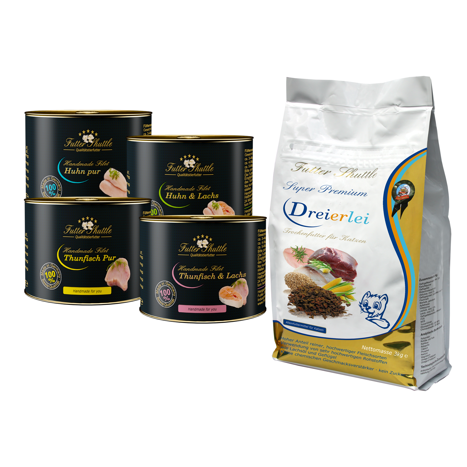 Katzenfutter Sparpack | Handmade Filet und Katzen Trockenfutter | 3kg Dreierlei + 12 Dosen a 140g Filet gemischt