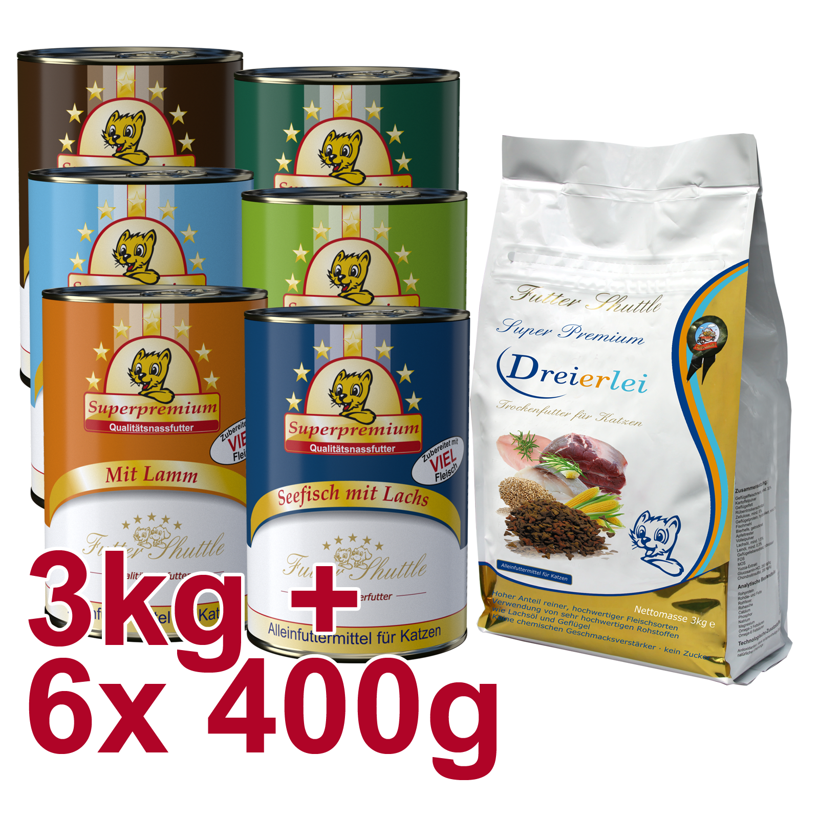 Angebot Katzenfutter | Katzen Trocken- und Nassfutter als Sparpaket und in Spitzenqualität. Mit 3kg Super Premium Katzenfutter Trockenfutter Dreierlei und 6 x 400g Dosen in der höchsten Güte auf dem Markt als Sparpaket. Hergestellt in Deutschland.