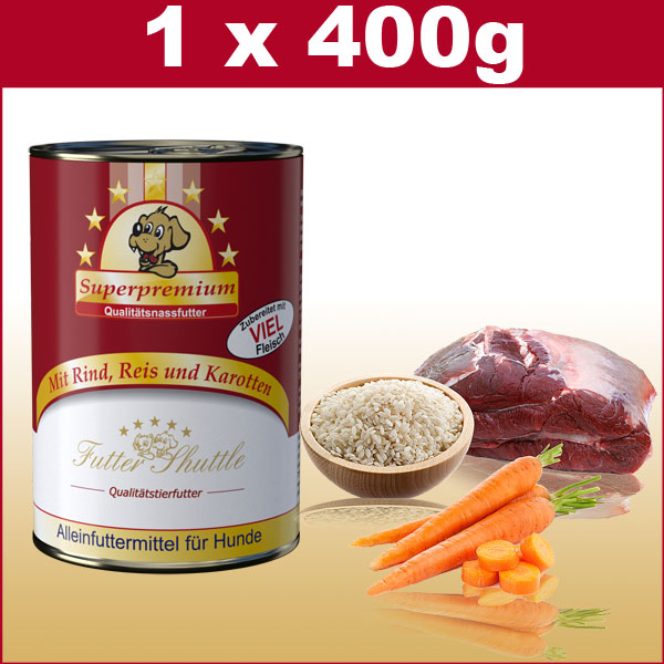 Hochwertiges Hunde Nassfutter | Rind mit Reis und Karotten 400g 