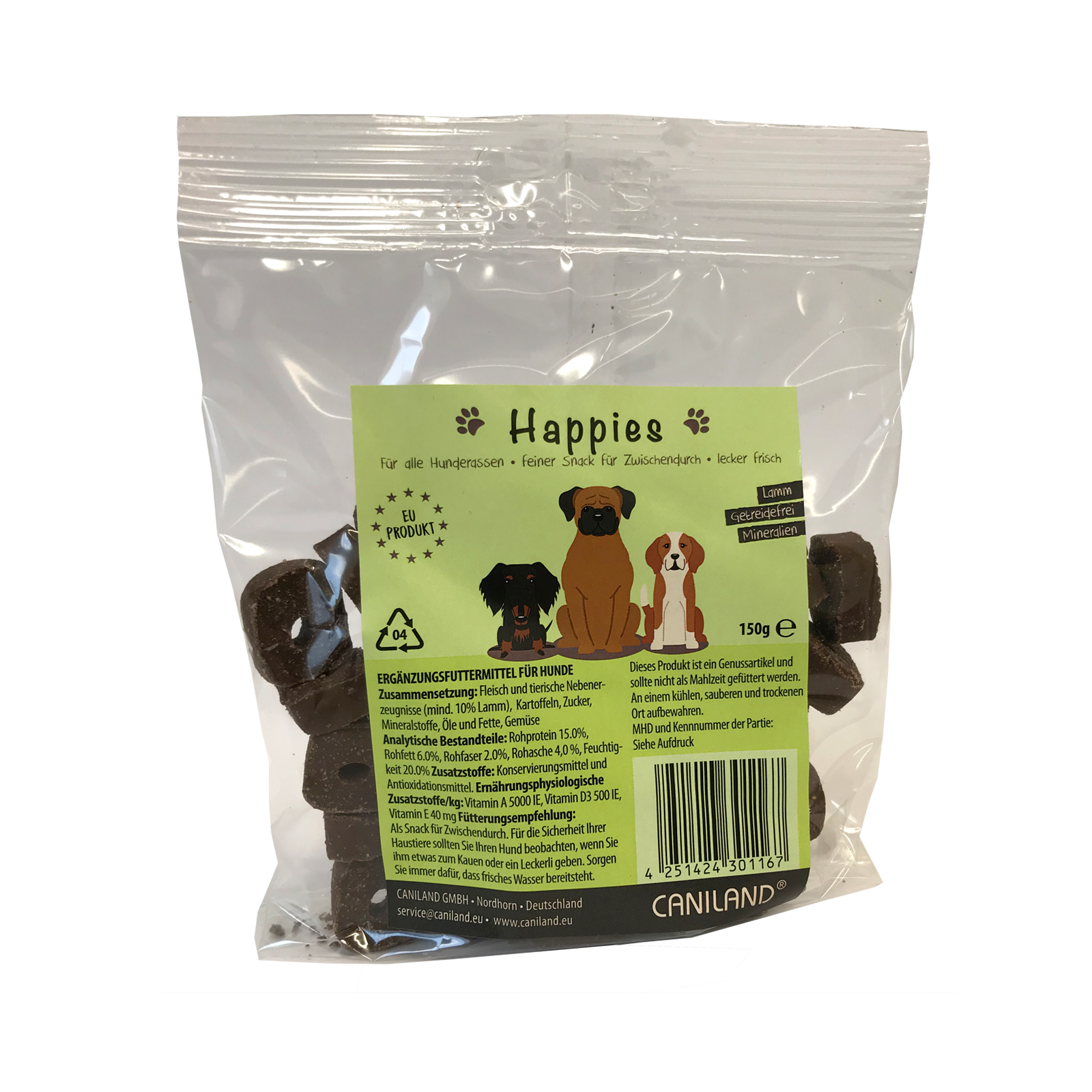 Hundeleckerlie Getreidefrei | Soft Happen mit Lamm und der bekömmlichen Kartoffel | Hochwertiger Softer Hundesnack | 150g