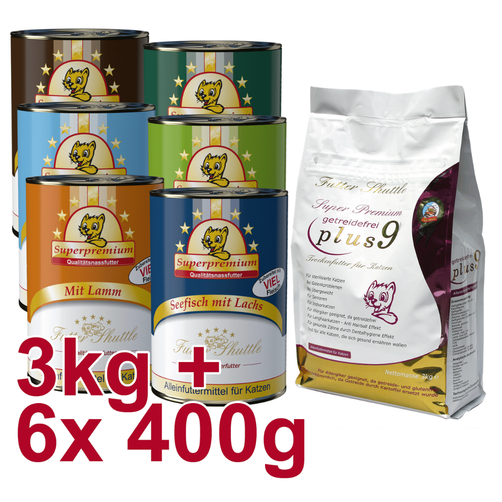 Angebot Katzenfutter getreidefrei – Plus 9 Katzentrockenfutter 3 kg & Katzen Nassfutter 6×400 g