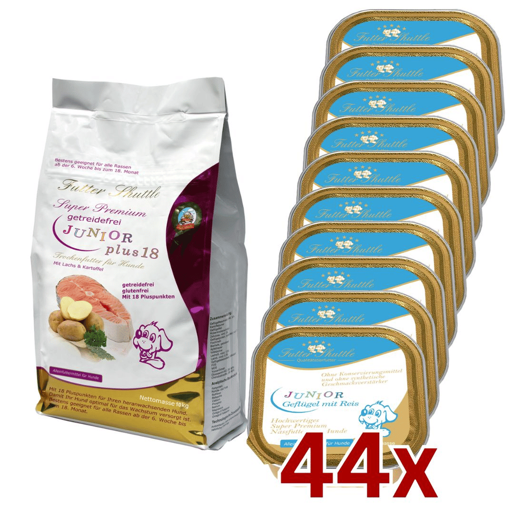 Getreidefreies Welpenfutter Sparpaket – Trockenfutter Plus 18 & Nassfutter Junior – 10 kg + 44 × 150 g