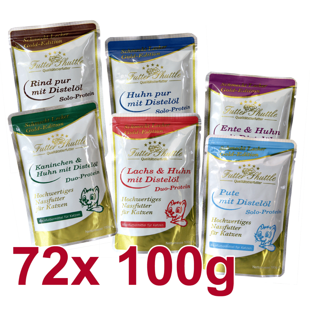 Katzen Nassfutter Sparpaket Gold Edition Pur – 72 x 100 g Frischebeutel getreidefrei