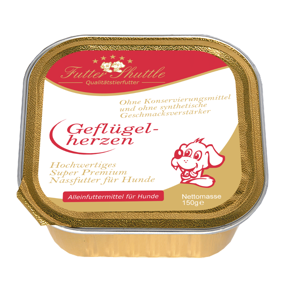 Hochwertiges Hunde Nassfutter mit Geflügelherzen | Super Premium Nassfutter der höchsten Güte in praktischer 150g Schale
