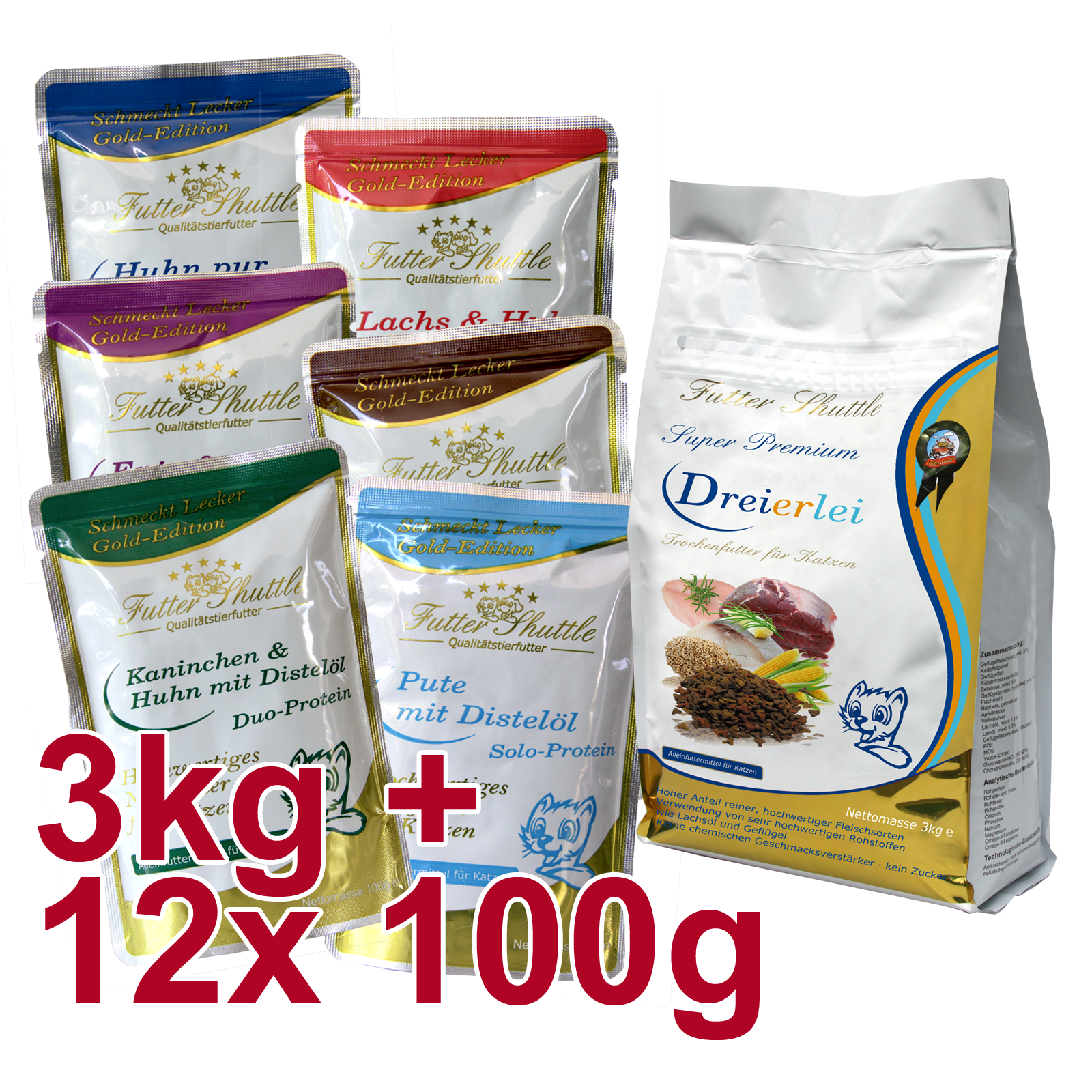 Sparpaket Katzen Trocken- und Nassfutter in Spitzenqualität. Mit 3kg Super Premium Katzenfutter Trockenfutter Dreierlei und 12 x 100g Portionsgerechte Frischebeutel Gold Edition in der höchsten Güte auf dem Markt als Sparpaket