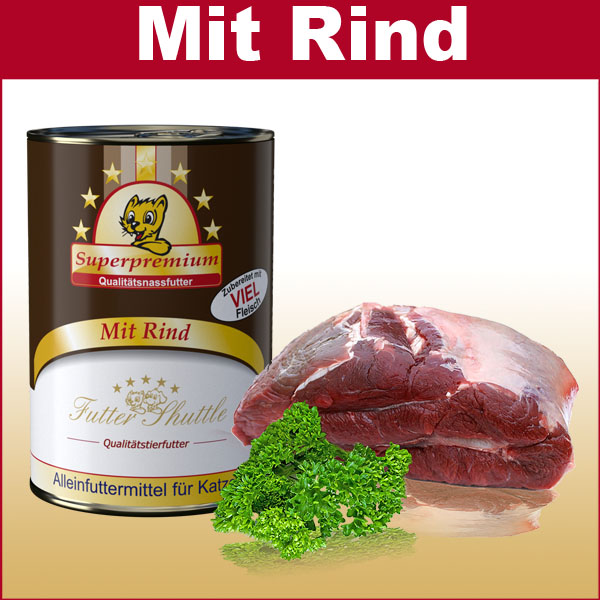 Katzen Nassfutter mit Rind. In der praktischen 400g Dose.