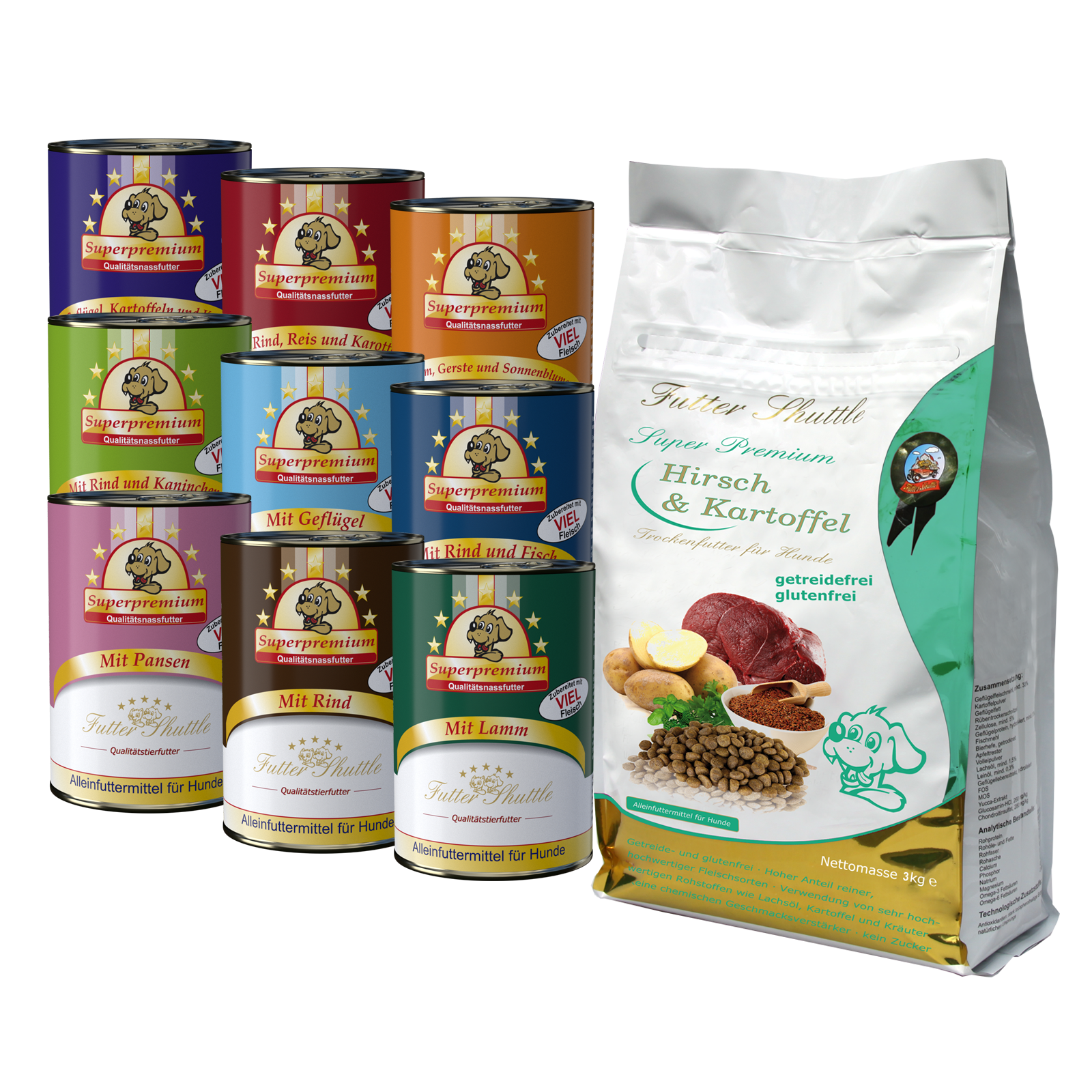 Sparpaket Hundefutter |Hunde Trocken- und Nassfutter in Spitzenqualität | 3kg Super Premium Hundefutter Trockenfutter Lamm und Reis und 18 x 400g Dosen Nassfutter