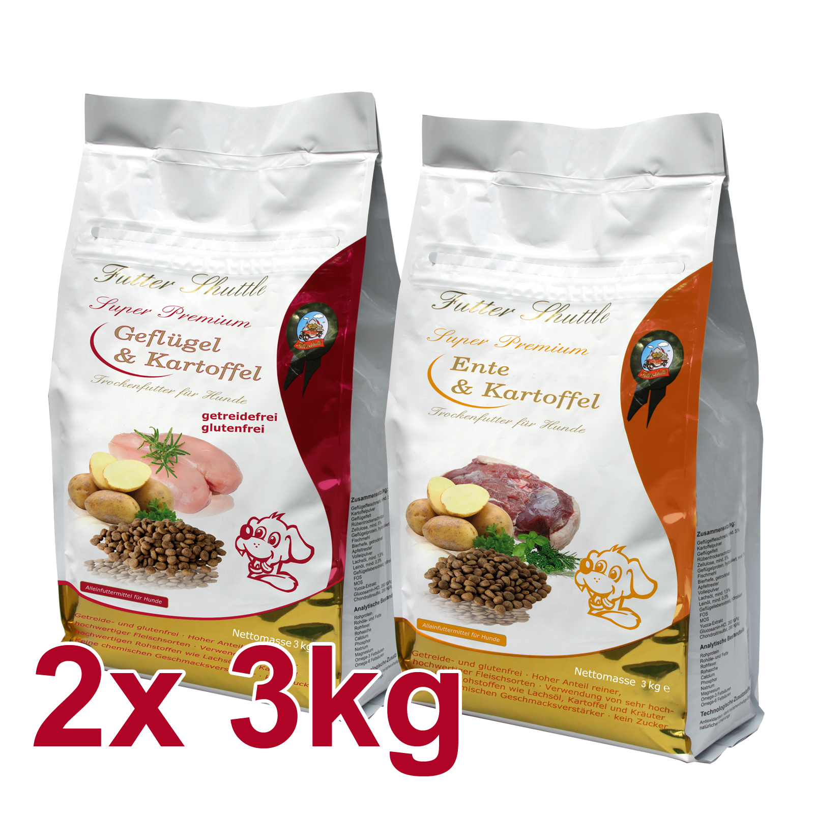 Getreidefreies Super Premium Trockenfutter für Hunde in Spitzenqualität und als Sparpaket. Mit 3kg Geflügel sowie 3 kg Ente und der bekömmlichen Kartoffel