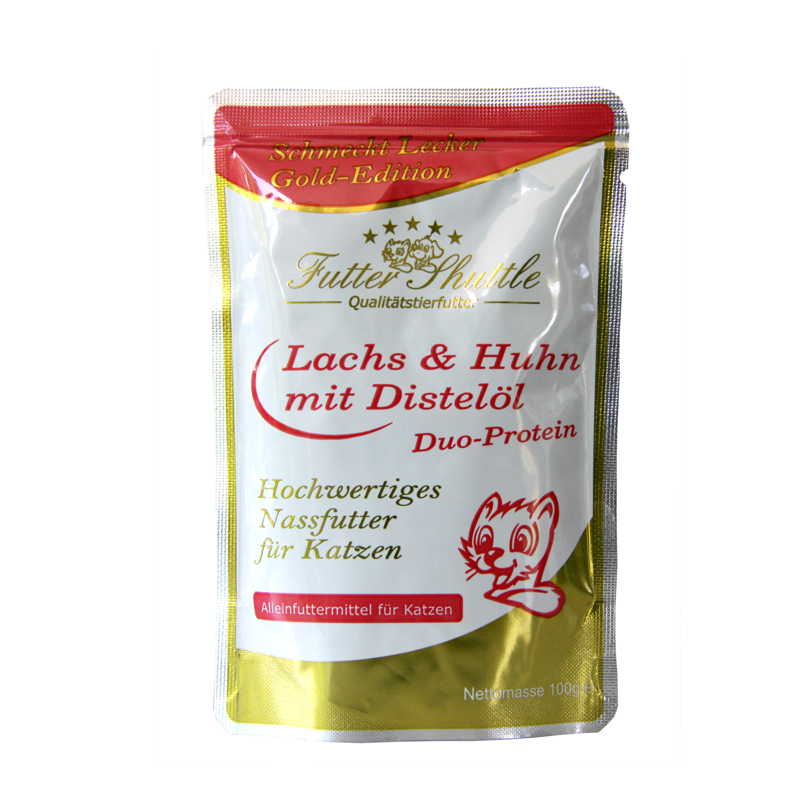 Hochwertiges Katzenfutter Nassfutter Gold Edition im Frische Beutel  mit Lachs und Huhn Pur