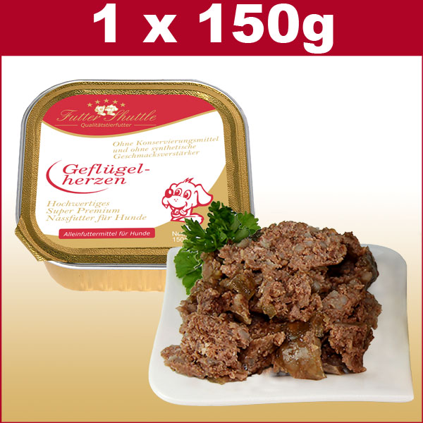 Hochwertiges Hunde Nassfutter mit Geflügelherzen. Super Premium Nassfutter der höchsten Güte in praktischer 150g Schale