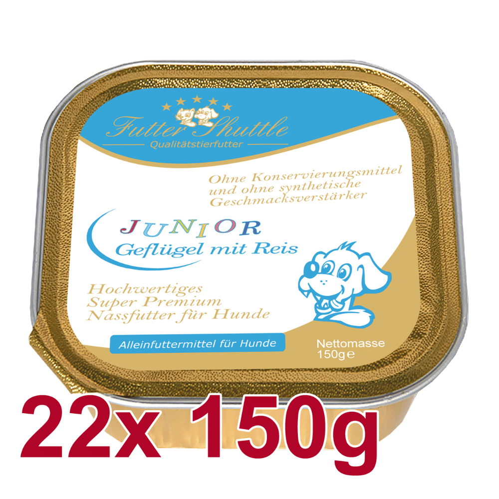 Junior Welpen Nassfutter mit Geflügel & Reis – XL Sparpaket 22 × 150 g