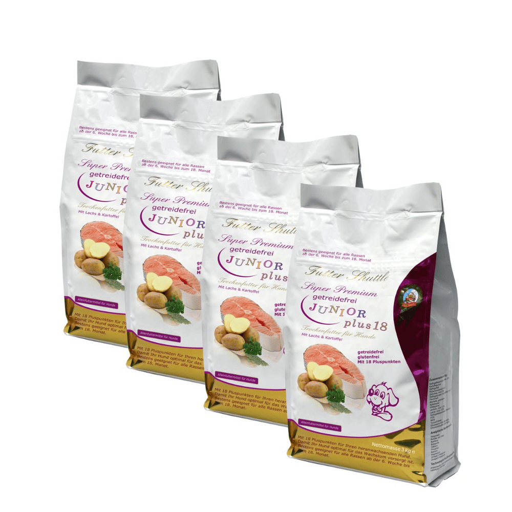 Getreidefreies Welpen- & Junior Trockenfutter Plus 18 – Vorrats-Sparpaket 12 kg (4 x 3 kg)