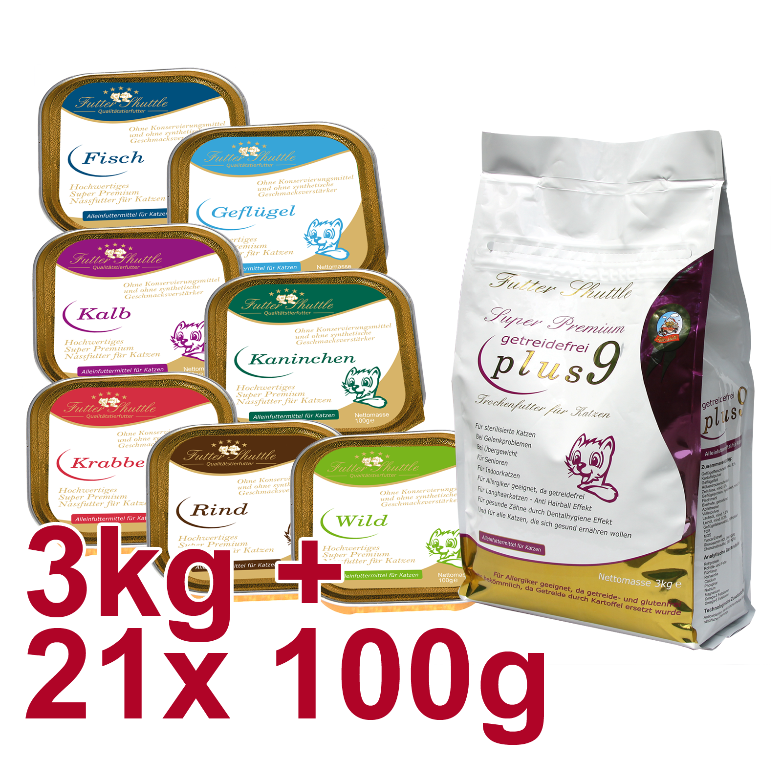 Sparpaket Getreidefeies Katzenfutter. Getreidefreies Katzen Trocken- und Nassfutter als Sparpaket und in Spitzenqualität. Mit 3kg Super Premium Getreidefreies Katzenfutter Trockenfutter Plus 9 und 21 x 100g Portionsgerechte Schalen in der höchsten Güte