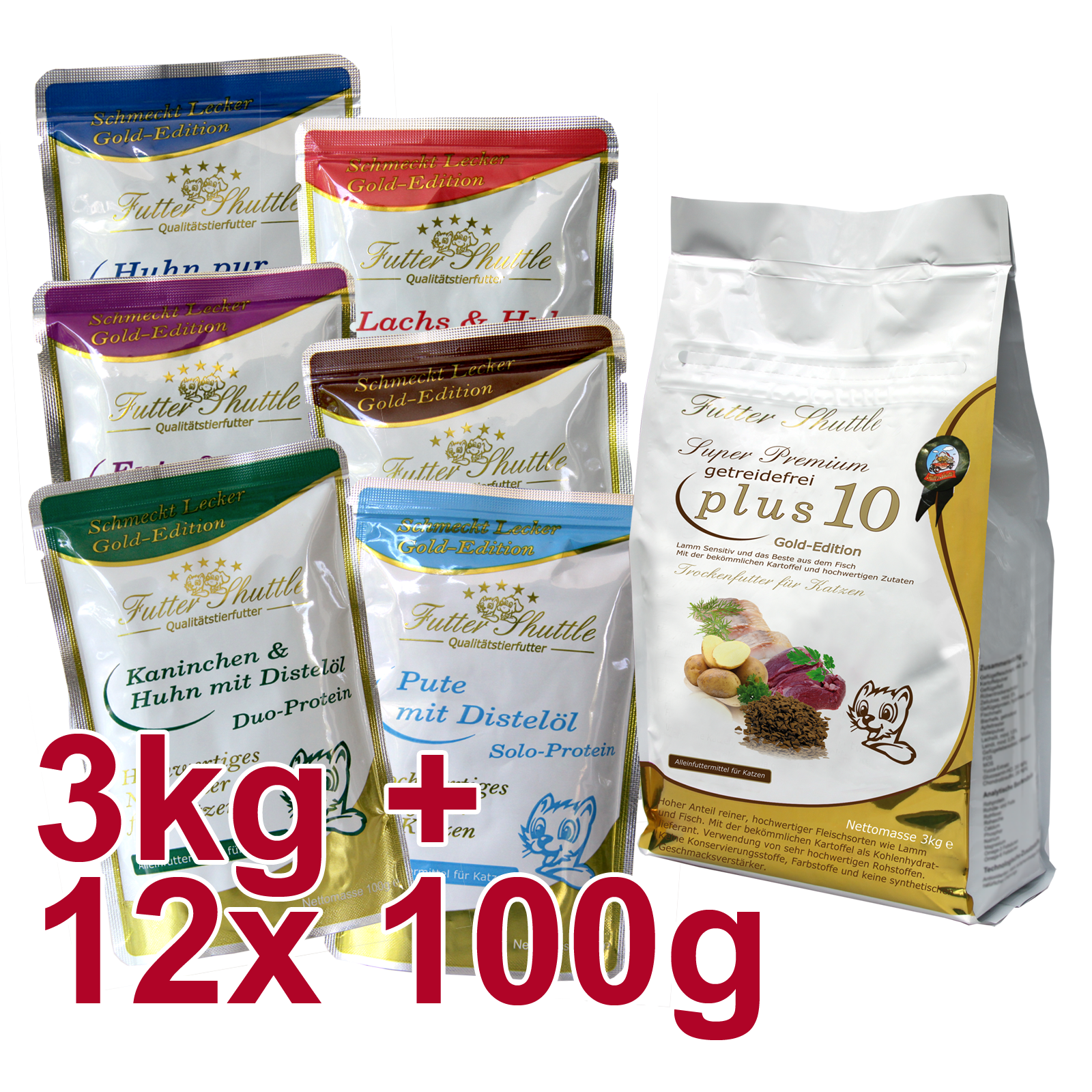 Sparpack getreidefreies Katzenfutter. Getreidefreies Katzentrockenfutter Plus 10 und Katzen Nassfutter Gold Edition