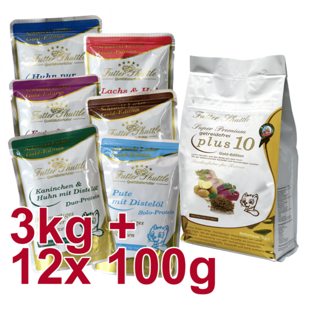 Sparpack Getreidefreies Katzenfutter Plus 10 & Gold Edition Nassfutter – Trocken- & Nassfutter Mix 3 kg + 12 × 100 g