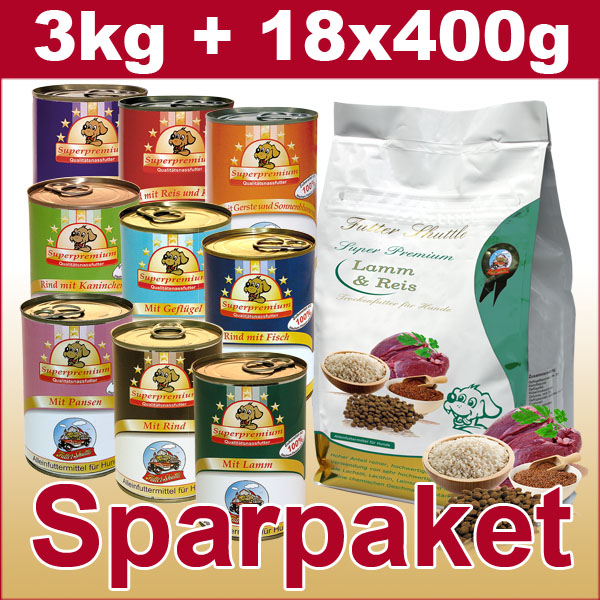 Sparpaket Hundefutter. 3kg kg Lamm und Reis und 18 Dosen 400g 