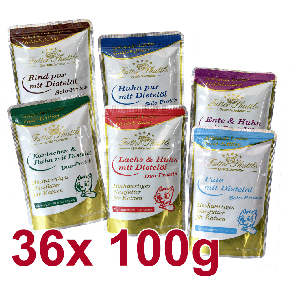 Katzen Nassfutter Sparpaket Gold Edition Pur – 36 x 100 g Frischebeutel getreidefrei