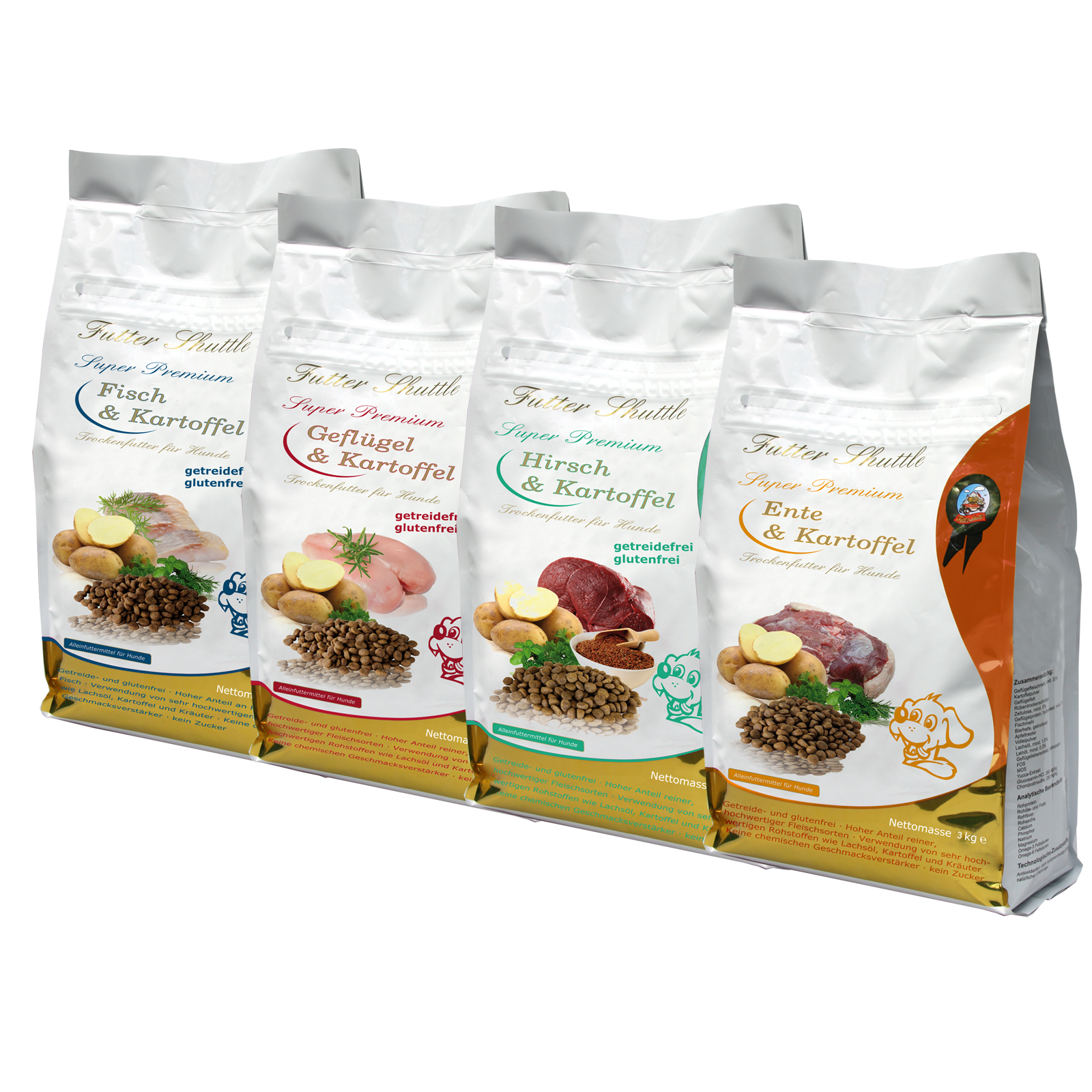 Sonderangebot Getreidefreies Hundefutter. Mit 8 x 3kg in den Sorten Geflügel, Hirsch, Fisch, Ente & Kartoffel