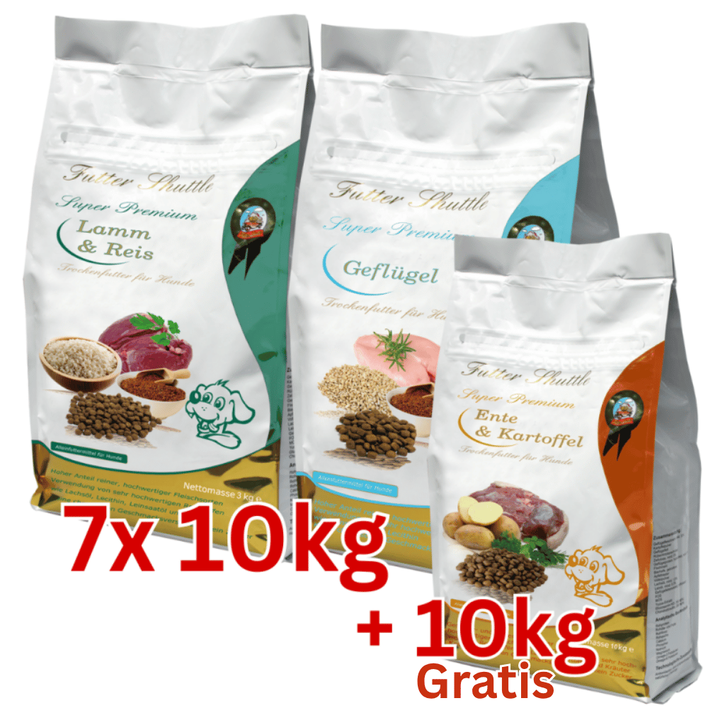 Angebot Hunde Trockenfutter XXL Sparpaket – Super Premium Geflügel & Lamm-Reis Sensitiv + Ente & Kartoffel GRATIS – 8 × 10 kg