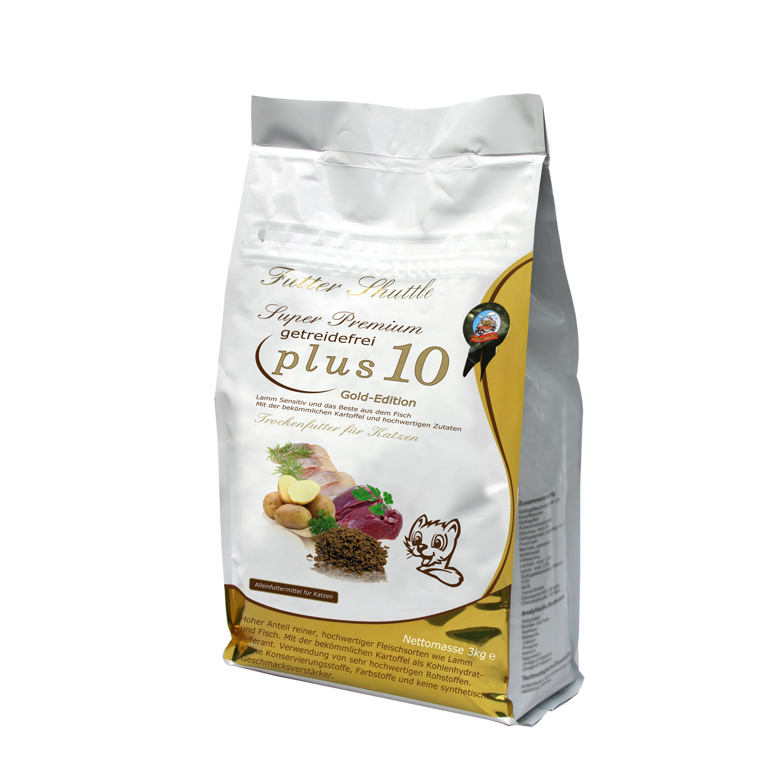 Sparpack Getreidefreies Katzenfutter Plus 10 & Gold Edition Nassfutter – Trocken- & Nassfutter Mix 3 kg + 12 × 100 g