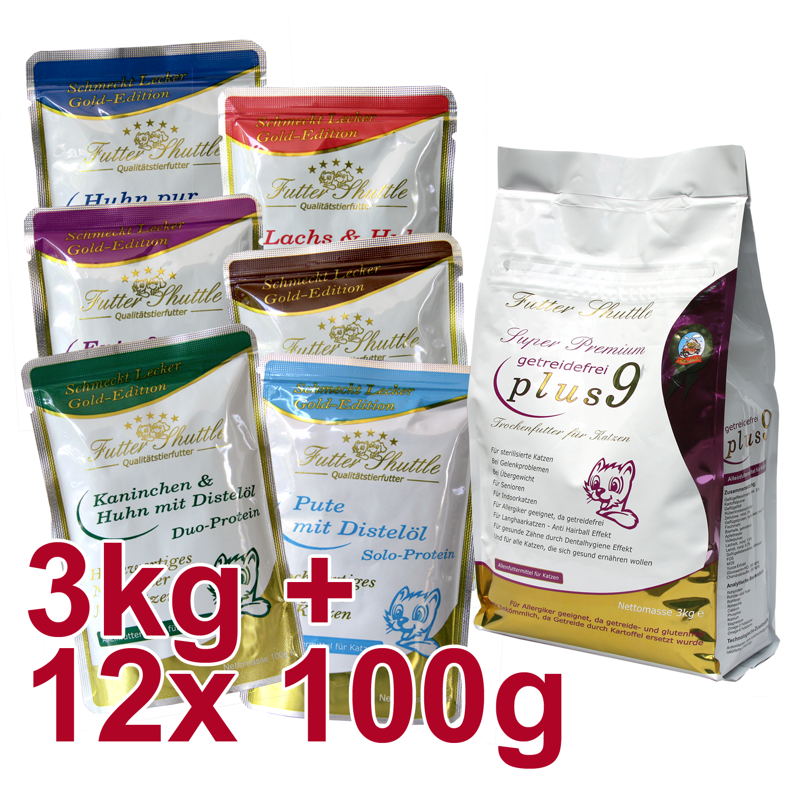 Sparpaket Getreidefreies Katzenfutter |Getreidefreies Katzen Trocken- und Nassfutter als Sparpaket und in Spitzenqualität. Mit 3kg Super Premium Katzenfutter Trockenfutter Getreidefrei Plus 9 und 12 x 100g Frischebeutel Gold Edition in der höchsten Güte a