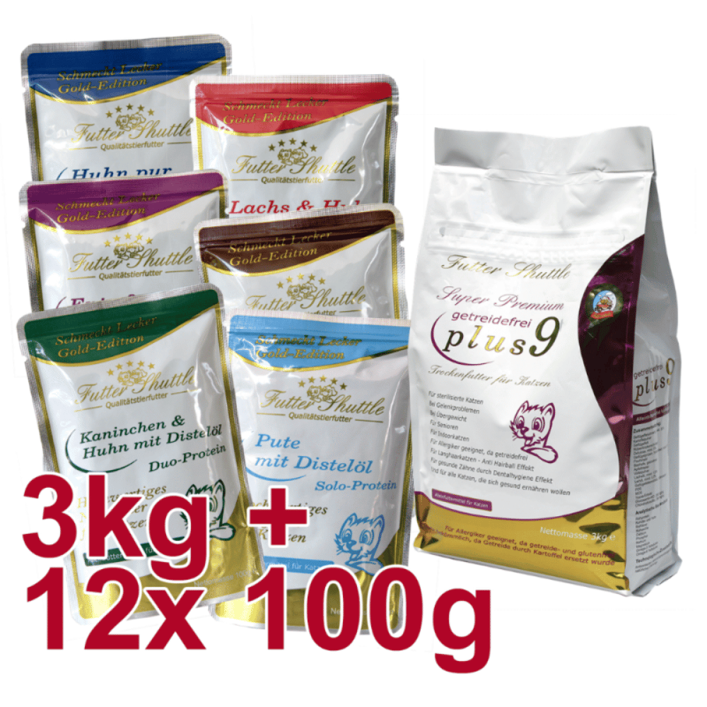 Sparpaket Getreidefreies Katzenfutter Plus 9 & Gold Edition Nassfutter – Premium Trocken- & Nassfutter Mix 3 kg + 12 × 100 g