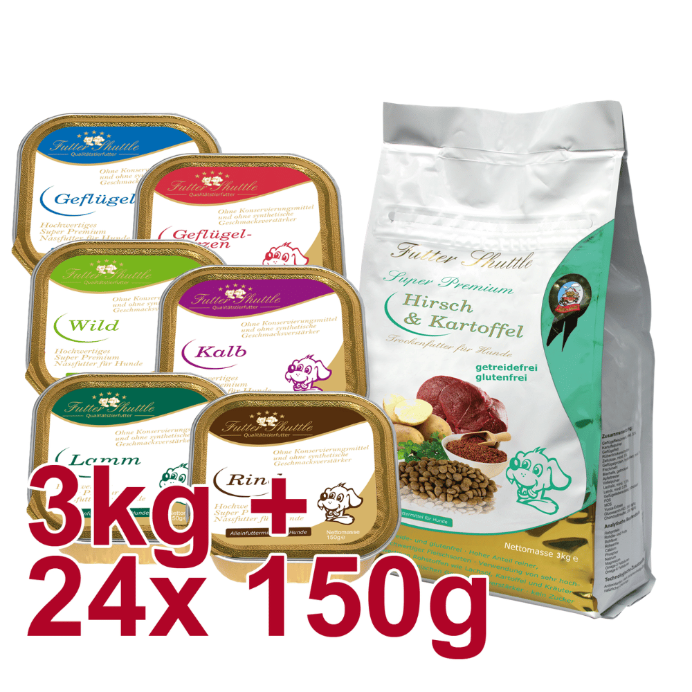 Getreidefreies Hundefutter Sparpaket – Hirsch & Kartoffel Trockenfutter + Nassfutter Mix – 3 kg + 24 × 150 g