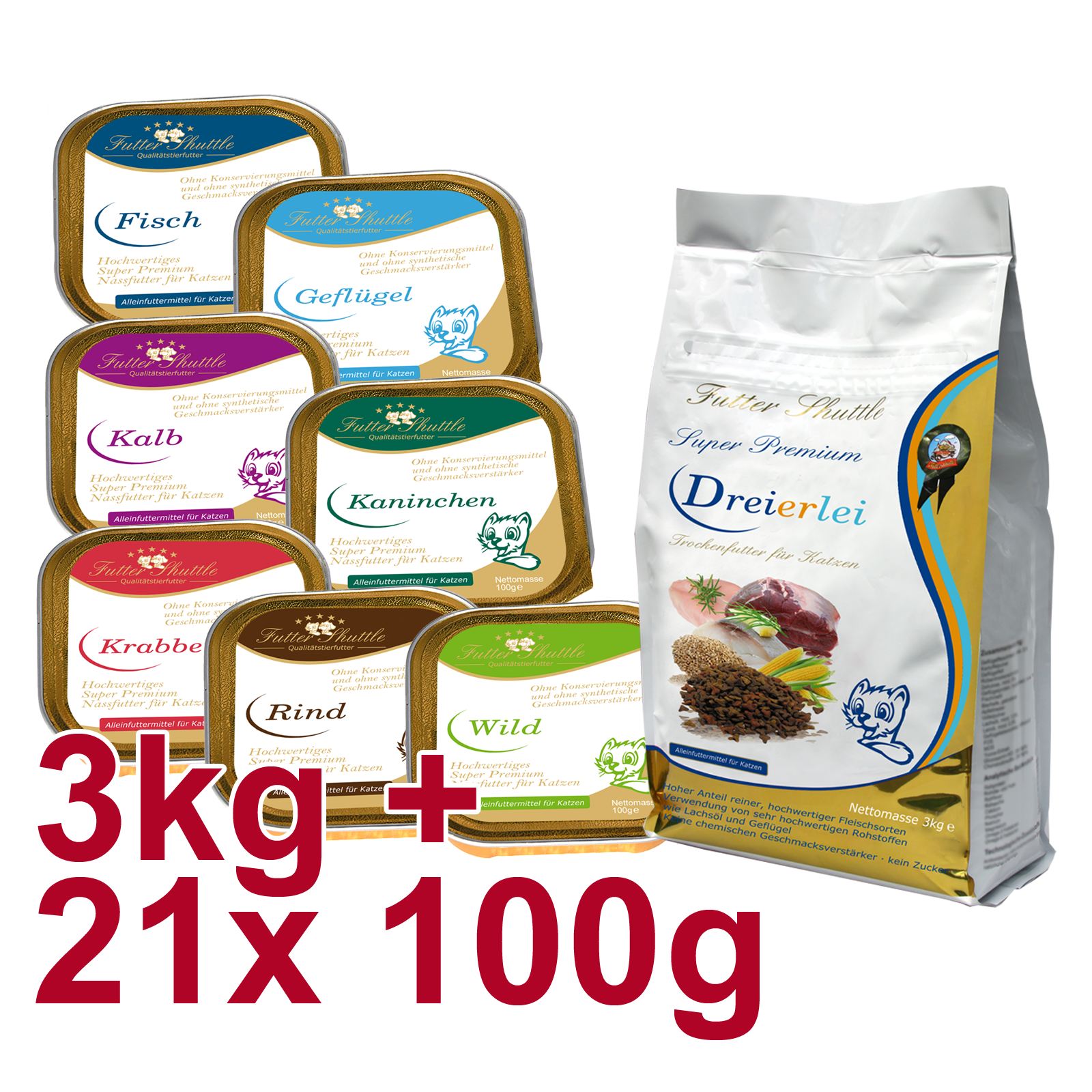 Angebot Katzenfutter | Katzen Trocken- und Nassfutter als Sparpaket und in Spitzenqualität. Mit 3kg Super Premium Katzenfutter Trockenfutter Dreierlei und 21 x 100g Portionsgerechte Schalen in der höchsten Güte als Sparpaket