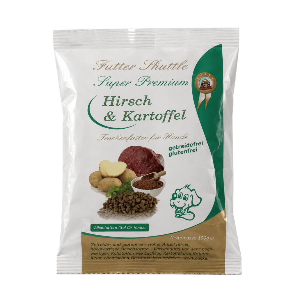 Probe Getreidefreies Hunde Trockenfutter mit Hirsch und Kartoffel - Futter Shuttle Super Premium Hundefutter getreidefrei 100g