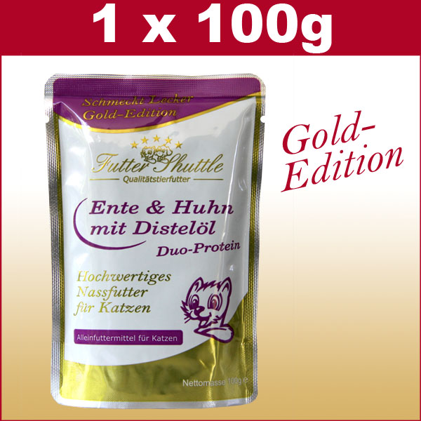 Katzen Nassfutter Gold Edition. Mit Ente & Huhn Pur und Distelöl