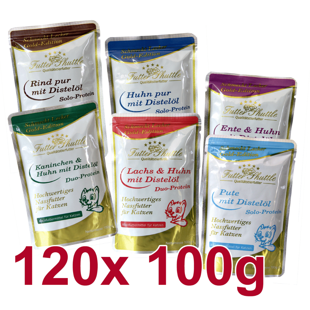 Katzen Nassfutter Sparpaket Gold Edition Pur – 120 x 100 g Frischebeutel getreidefrei XXXL