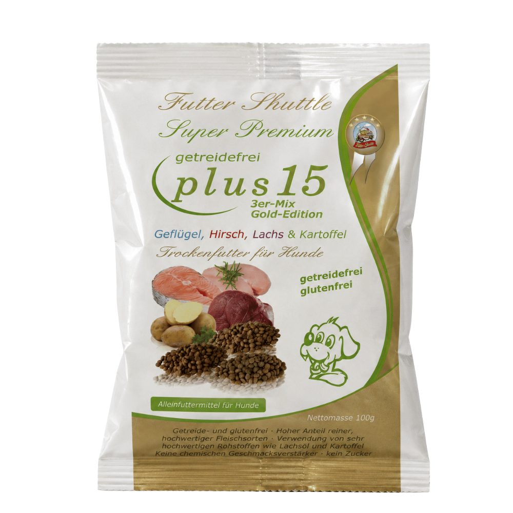Probierpaket Getreidefreies Hundefutter mit Ente & Kartoffel, Hirsch & Kartoffel und Plus 15 in Spitzenqualität als Probierpaket 10. Gönnen Sie Ihrem Hund ein Trockenfutter der Extraklasse